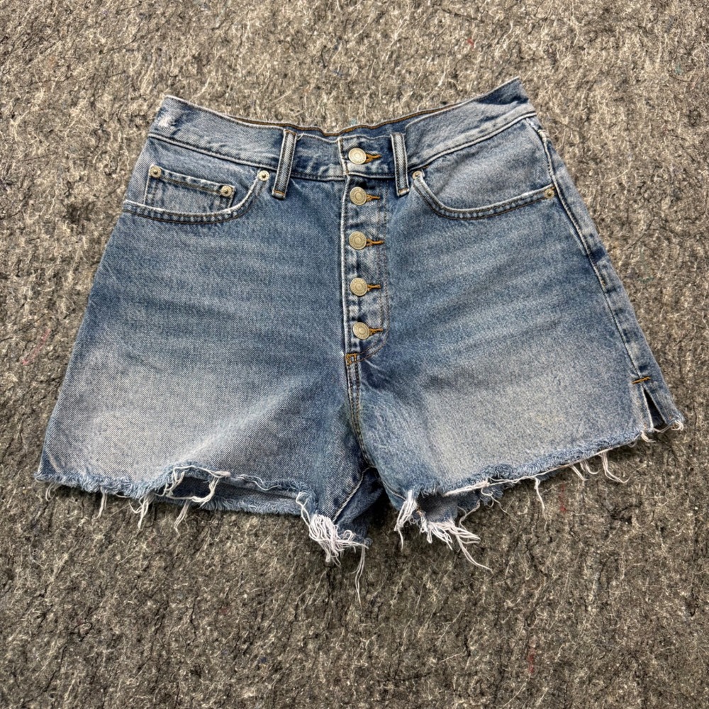 Lucky‎ Brand Traveler Short Womens 6/28 Blue Denim Button Fly High Rise Raw Hem